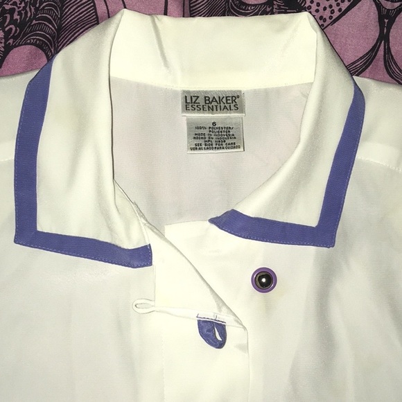LIZ BAKER White Periwinkle Trim Vntg Blouse VGUC 6 - Picture 6 of 7